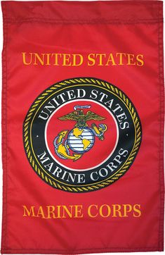 the united states marine corp logo on a red flag with gold and black trimmings