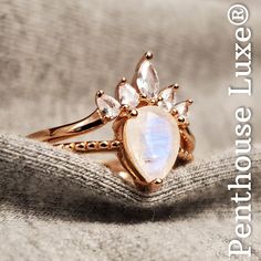 Pear Cut Moonstone On A Half Bubble Band With 1 Marquise And 4 Pear Cut White Topaz Stones On The Second Band. Solid 925 Sterling Silver With An 18k Rose Gold Overlay. All Photos Are Real & Show An Actual Ring Set For Sale. All Genuine Natural Stones. Stamped "S925". Related: Birthstone Rainbow Blue White Gray Grey Cabochon Round Circle Oval Color Stones Rock Carat Crown Chakra Crystal Healing Dark Light Flashy Effect February Finland Fire Flashes Gemstone Golden Fine Expensive High End Special Floating Diamond Ring, Rose Gold Band Ring, Jewelry Real, Chakra Healing Crystals, Luxe Jewelry, Wedding Rings Solitaire, Color Stones, Dark Light, Gold Overlay