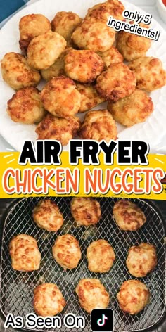 air fryer chicken nuggets on a grill with text overlay that says air fryer chicken nuggets