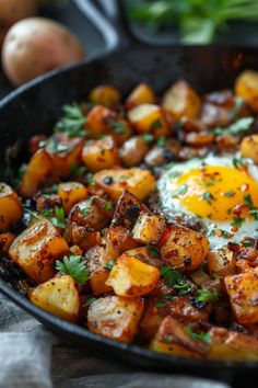 Skillet with roasted potatoes and a fried egg, garnished with herbs. First Watch Breakfast Potatoes, Hashbrown Skillet Recipes, Fried Breakfast Potatoes Skillet, Skillet Eggs Breakfast, Country Breakfast Ideas, Country Potatoes Breakfast, Breakfast Potatoes And Eggs, Breakfast Potato Recipes, Breakfast With Potatoes