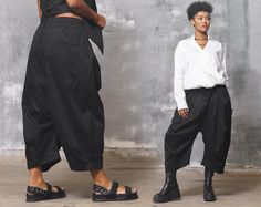 Inspire them all in the black baggy pants women. This avant garde clothing - black baggy pants women feature a mid waisted construction, with front botton and zipper closure, two pockets hips and two non-standard back pockets. Perfect for work and daily life. This avant garde clothing is designed to flatter every body type and fit numerous occasions. These cotton pants feature an avant garde cut, wide crotch and an elastic at the back of the waist. High rise with a black baggy pants women, you'l Drop Crotch Pants Women, Black Baggy Pants, Low Crotch Pants, Baggy Pants Women, Mid Waist Pants, Fashion Capsule Wardrobe, Drop Crotch Pants, Denim Pants Women, Clothing Black