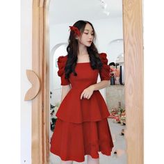 Puff Sleeve Frock For Women, Cute Dresses Korean Style, Red One Piece Dress, Korean Fashion Women Dresses, Girls Dress Outfits, Trendy Dress Outfits, Frocks For Girls