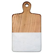 a wooden cutting board with a white and brown stripe on the bottom, sitting on a white background