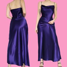 🌹Beautiful purple satin slip dress with cowl neckline UK 8 & UK 10🌹 Condition: No faults or marks ✔️ Label: Yessica by C&A  Size:  UK 8 (W27, B32 & H38 inches)  UK 10 (W29, B34 & H40 inches)  Length: Maxi (ankle length on the 5'8 model) Model size: 10 Model height: 5'8 🌹any questions please do not hesitate to ask🌹 🌹these are vintage items so are in a used condition and may have loose stitching or marks however all noticeable flaws will be shown 🌺 🌹no returns🌹 Purple Satin Slip Dress, Dark Purple Dresses, Purple Evening Dress, Evening Dresses Uk, Bridal Party Attire, White Evening Dress, Princess Skirt, Size 10 Models, Purple Satin