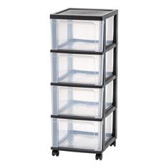 three plastic storage containers on wheels with black handles and clear lids, all stacked up