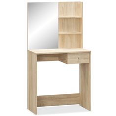 a wooden desk with a mirror and shelf