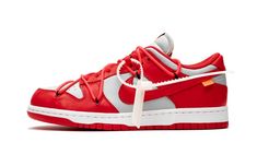 The Off-White x Nike Dunk Low “University Red” is Virgil Abloh’s rendition of the early-aughts classic Dunk design.  The highly anticipated collaboration between Off-White and Nike on the Dunk comes on the heels of a string of high-profile releases between the two brands.  The upper features a light grey leather base on the mid-panel, toe, and ankle collar.  Contrasting University Red leather overlays appear on the forefoot, toe, lateral panel, ankle collar, and heel.  Standard-issue red laces a Nike Dunk Low University Red, Nike Dunk Low Off White, Off White Dunk, Nike X Travis Scott, Baskets Nike, Nike Models, Nike Sb Dunks Low, Nike Sb Dunk, Nike Dunk High