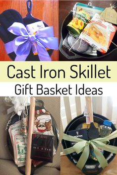 the cast iron skillet gift basket is filled with items to make it look like they are