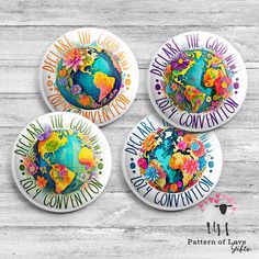 four buttons with different designs on them and the words, make the world a better convention