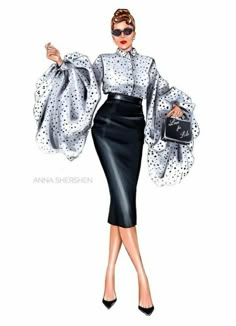 a drawing of a woman in black and white polka dot blouse, skirt and heels