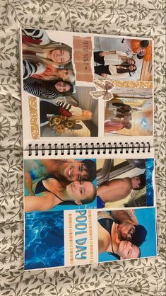 an open spiral notebook with pictures of people in swimsuits on it and the words pool party