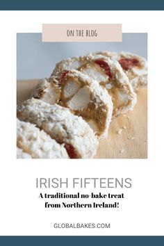 some food on a wooden table with the words irish fifteens written in front of it