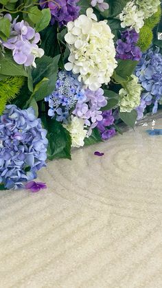 blue and white flowers are laying on the ground