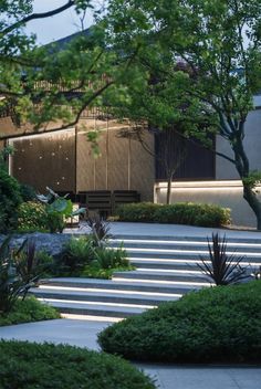 an outdoor area with steps, trees and bushes