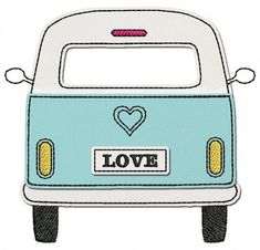 a blue and white bus with the word love on it