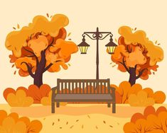 a park bench under a street lamp in the fall