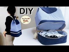 a woman standing next to a bag with shoes in it and the words diy are written