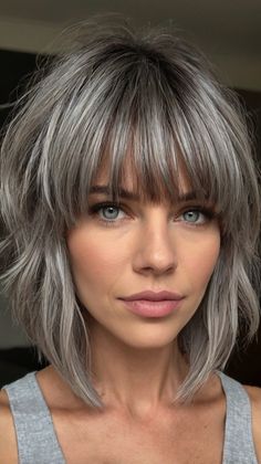 medium length gray hairstyles with bangs Medium Length Gray Hairstyles, Edgy Bangs With Medium Hair, Medium Length Bob Haircut With Bangs, Thick Bangs With Medium Hair, Front Bangs Hairstyles, Gray Hair With Bangs, Shaggy Haircut