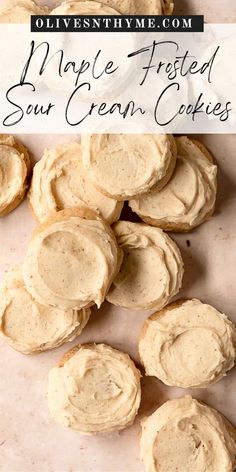 an image of some cookies with frosting on them and the words maple fried sour cream cookies