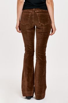 High rise flare leg jeans. It's the lovable fit that sits slightly lower on the waist and fitted skinny in the hips through the knee. Full inseam on stretch velveteen brushed for softness in designer color palettes, accented with wide hem opening.9 1/2" Front Rise (include waistband), 21" Leg Opening, 34" inseam (Size 27) 98% COTTON 2% SPANDEX Machine wash cold, Tumble dry low Imported Zip fly and button closure Five-pocket style Trendy Full Length Fall Flares, Trendy Full-length Flares For Fall, Trendy Full Length Flares For Fall, Trendy Full-length Fall Flares, Brown Wide Leg Pants With Five Pockets, Brown Wide-leg Pants With Five Pockets, High Rise Cotton Flares For Fall, Brown Flare Jeans With Five Pockets, Casual High Waist Flares For Fall