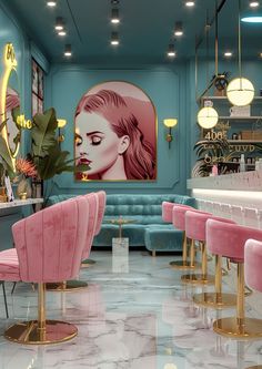 the interior of a restaurant with blue walls and pink velvet chairs in front of a painting on the wall