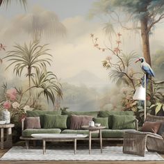 the living room is decorated with tropical wallpaper and green couches, which are accented with wicker furniture