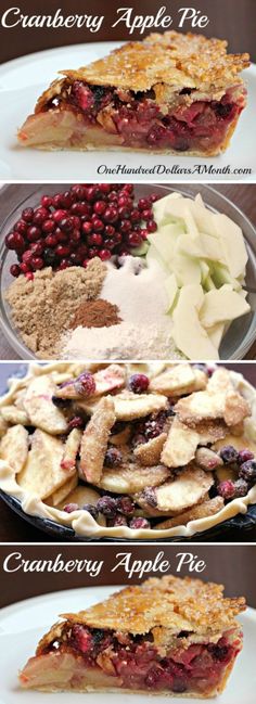 four different types of pies with cranberry, apple and pecanse toppings