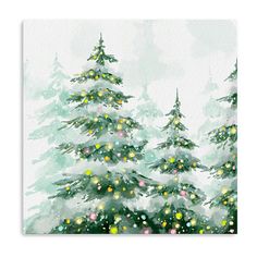 a painting of christmas trees with lights on them