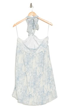 A dreamy porcelain-style pattern and fine pleating bring stunning texture to a chiffon minidress shut with a soft scarf halter ties. 27" length (size Small) Halter neck ties 100% polyester Hand wash, line dry Imported Blue Halter Mini Dress, Aquamarine Clothes, Preppy Sets, Greece Aesthetics Outfit, Coastal Clothes, Rush Week Outfits, Hamptons Outfit, Rush Outfits, Pink Seersucker