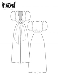 the front and back view of a dress with puff sleeves