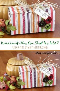 two small boxes with ribbons and buttons on them, one is decorated like a pumpkin