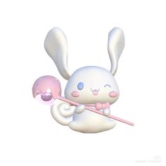 a white bunny holding a pink donut