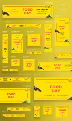 an image of food day banners with yellow and red designs on them, all in different colors