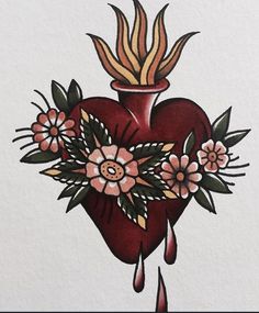 a drawing of a heart with flowers and leaves on it's side, dripping blood