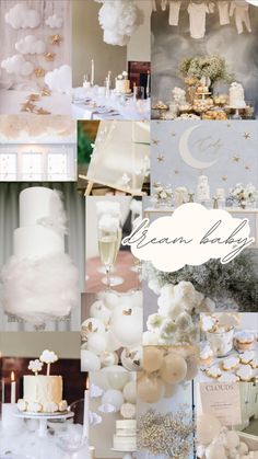 a collage of white and gold wedding decorations