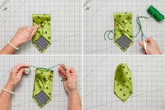 four pictures showing how to tie a green necktie with scissors and thread on the table