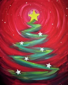 an acrylic painting of a christmas tree with stars on the top and red background