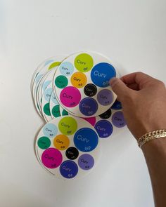 a hand is pointing at several colorful circles on a white surface with the words curvy written in it