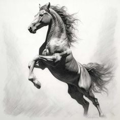 a black and white drawing of a horse with its rear legs in the air as it's galloping