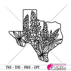 the outline of texas with flowers and leaves on it's side, in black and white