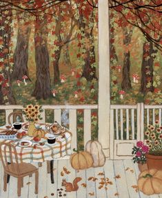 a painting of a porch with fall leaves and pumpkins on the table, next to a potted plant