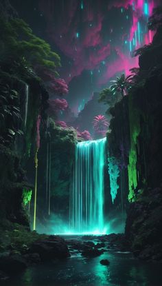 the waterfall is lit up with neon lights and stars in the night sky above it