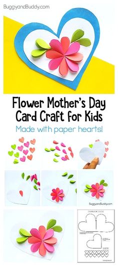 flower mother's day card craft for kids to make with paper hearts and flowers