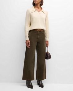 Nili Lotan Megan Wide-Leg Corduroy Pants | Neiman Marcus Brown Corduroy Pants Outfit, Office Pants Women, Wide Leg Pants Winter, Chilly Weather Outfits, Mustard Yellow Pants, Corduroy Pants Outfit, Wide Leg Pants Outfit, Mid Size Fashion, Yellow Pants