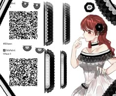 an anime character with red hair is standing in front of some qr code designs