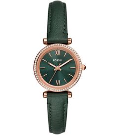 From Fossil&#x2C; this women's watch features:Rose gold tone stainless steel caseGreen sunray dial and bandCase size: Approx. 28mmCase thickness: Approx. 7mmWater resistance: 5 ATMBand material: LiteHide LeatherBand width: Approx. 12mmInner circumference: Approx. 185 /- 5mmClosure: Single prong strap buckleImported. Accessories Watches Women, Gold Watches, Glas Art, Leather Strap Watch, Three Hands, Rose Gold Watches, Women's Watch, Dillard's, Leather Band