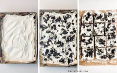 three different views of food in pans with frosting and chocolate chips on top