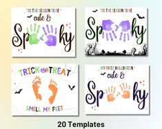 four handprinted halloween cards with the words trick or treat, smile my feet and spooky