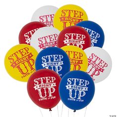 several balloons with the words step up on them in red, white and blue colors