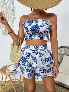 Multicolor Boho Collar   Floral,Tropical,Plants,All Over Print  Embellished Non-Stretch  Women Clothing Tube Top And Shorts, Hawaii Outfits, Shorts For Summer, Tropical Plants, Tropical Print, Summer Shorts, Tube Top